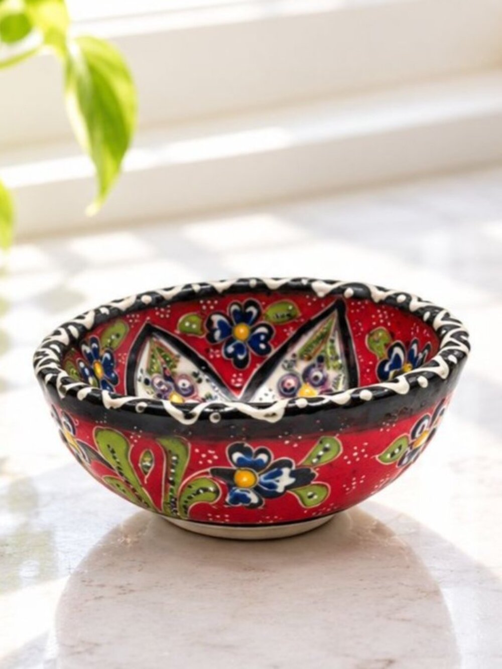 Hand-Painted Turkish Ceramic Bowl Floral Design 4.5" Diameter Vibrant Colors Dec